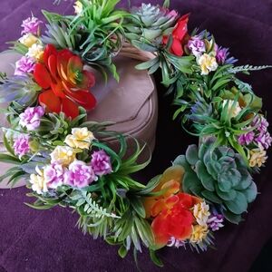 Hand Crafted Faux Succulent Floral Wreath in Green, Red, Purple, Yellow